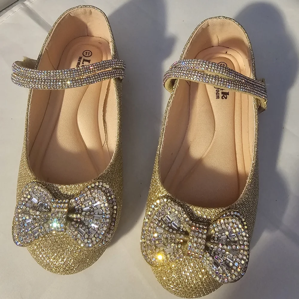 Link NEW Gold with Crystals Glitter Kids Shoes with Bow SZ 11 Toddler